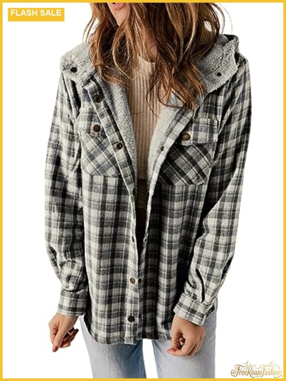 Plaid Shacket Jacket Warm Fleece Lined Hooded Winter Coat Loose Fit